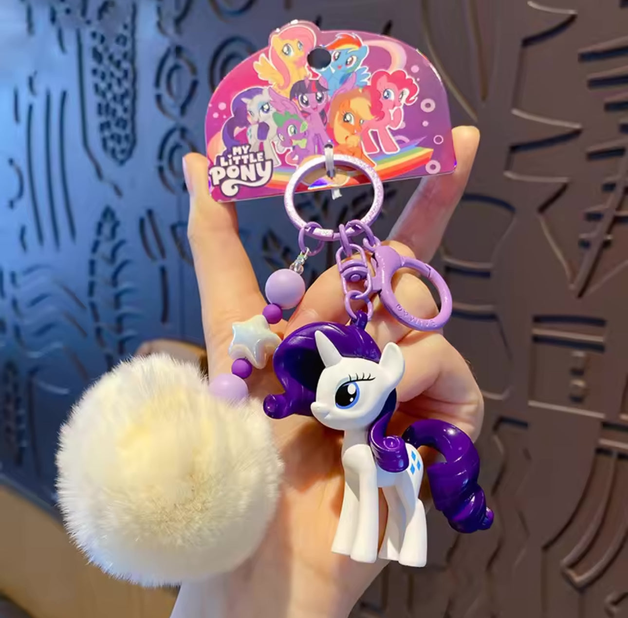 Porte-clés mignon My Little Pony avec pompon en fourrure