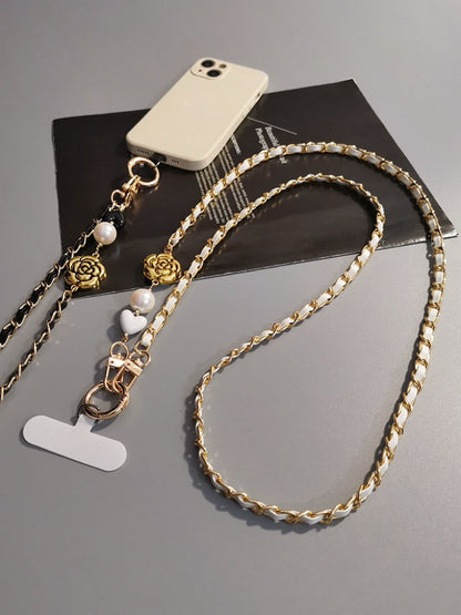 Luxurious Pearl Camellia Leather Crossbody Phone Lanyard