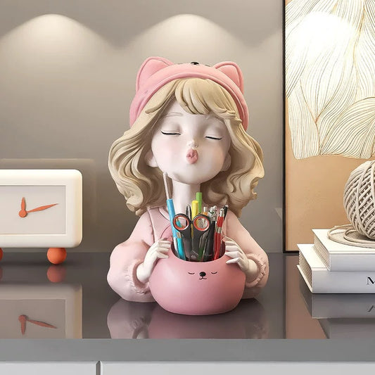 Cute Girl Pen Holder Desk Ornament