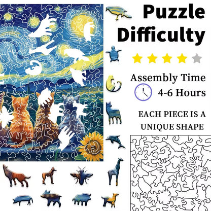 Starry Night Cat Theme Wooden Puzzle – Unique Jigsaw Gift