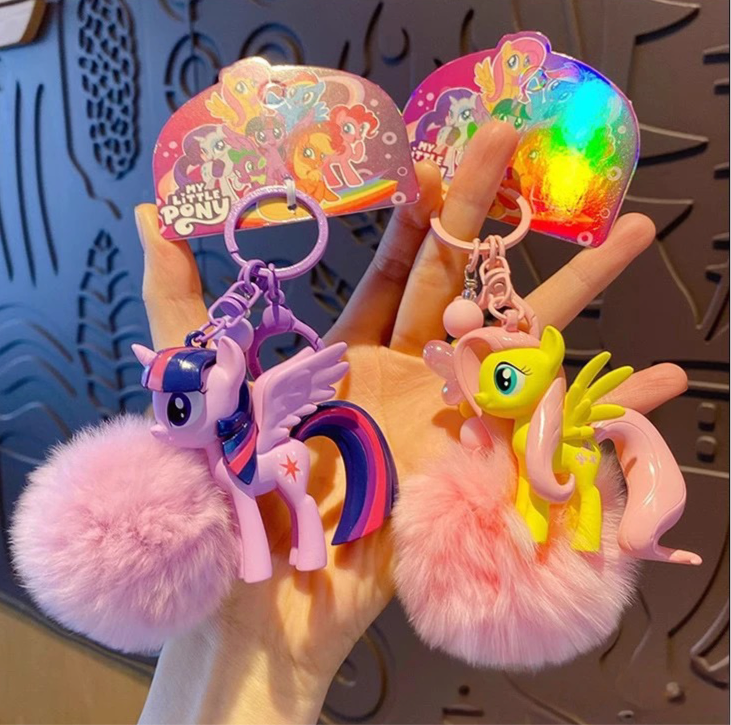 Cute My Little Pony Keychain with Furry Pom