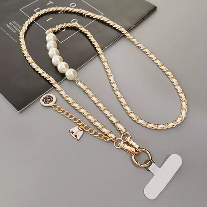 Luxury Metal Pearl Leather Crossbody Phone Lanyard