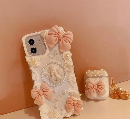 Handmade Pink Baroque Angel Phone Case with Pearl and Bow Accents