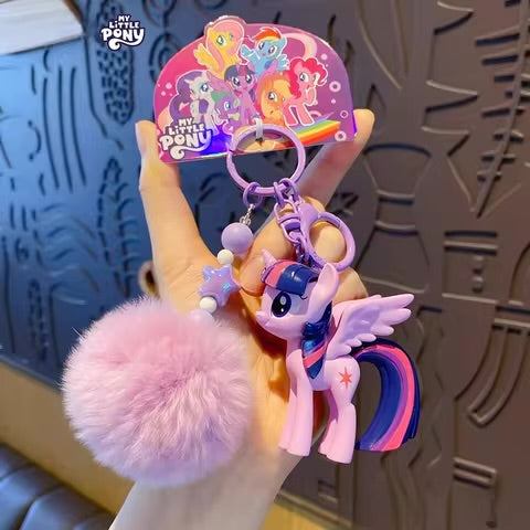 Porte-clés mignon My Little Pony avec pompon en fourrure