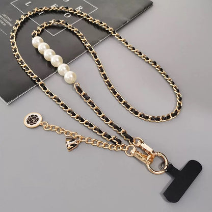 Luxury Metal Pearl Leather Crossbody Phone Lanyard