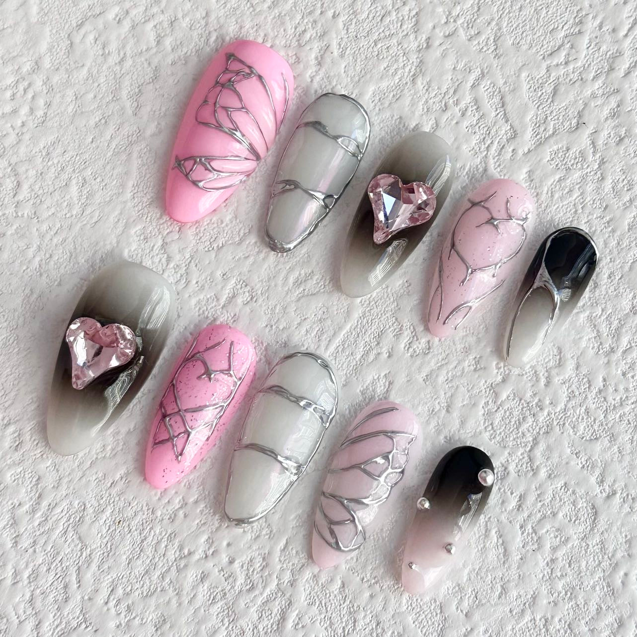 Pink and Black Ombre Press-on Nails with Heart Rhinestones