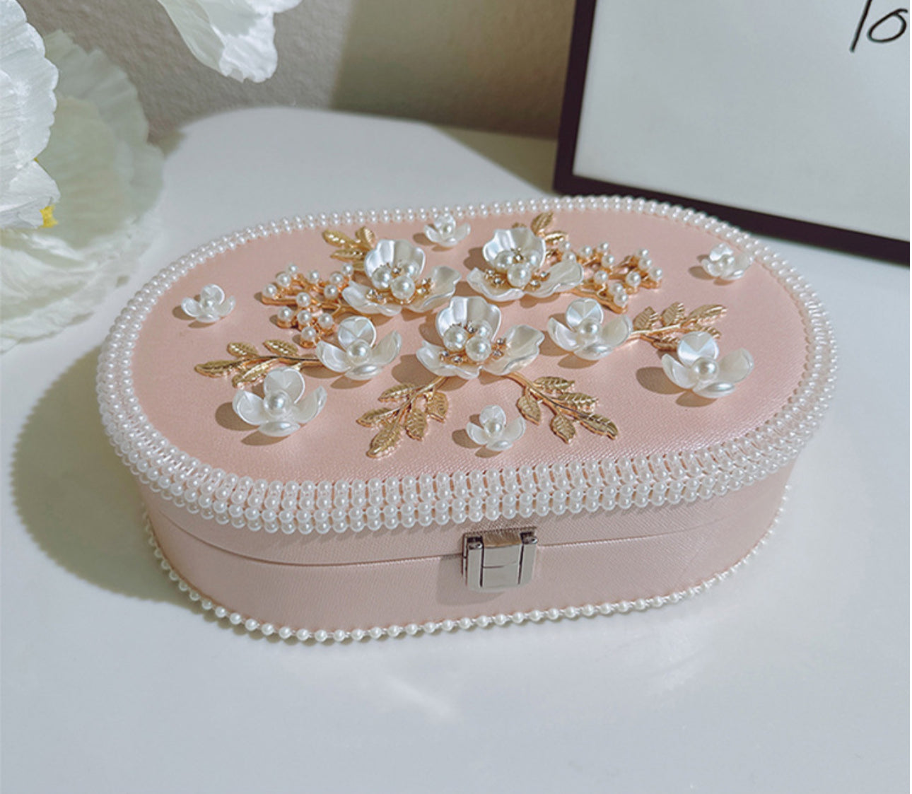 Elegant Floral Jewelry Box - Luxurious Oval Storage with Pearl Trim & Compartments