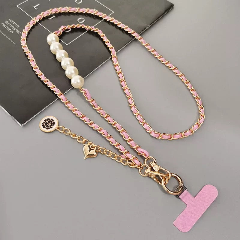 Luxury Metal Pearl Leather Crossbody Phone Lanyard