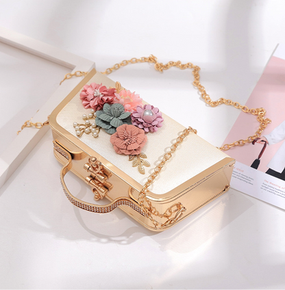 Luxurious Floral Handheld Clutch - Elegant Women’s Evening Bag with Gold Accents and Adjustable Shoulder Chain