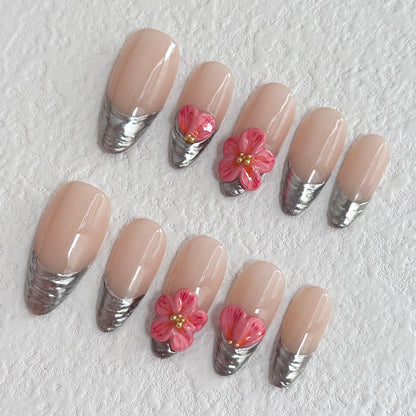 Silver & Pink Floral Press-on Nails