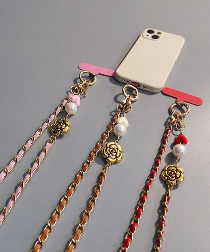 Luxurious Pearl Camellia Leather Crossbody Phone Lanyard