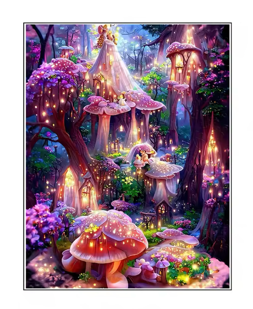 Enchanted Mushroom House Puzzle - Floral Night, Gift for Puzzle Lovers