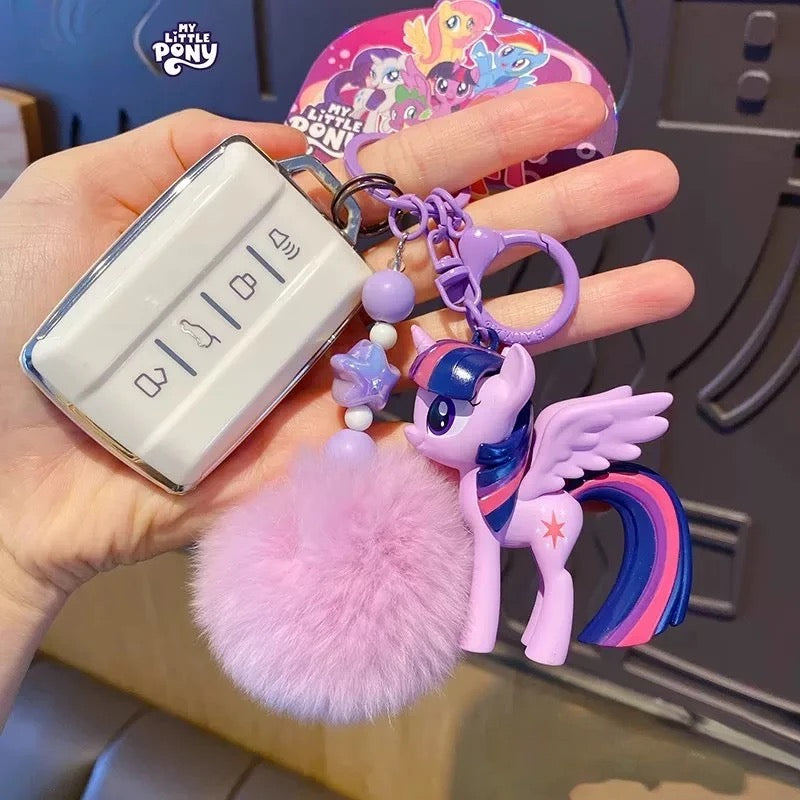 Cute My Little Pony Keychain with Furry Pom