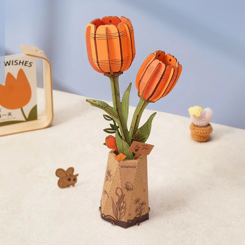 3D Wooden Orange Tulip Puzzle – DIY Home Decor Gift