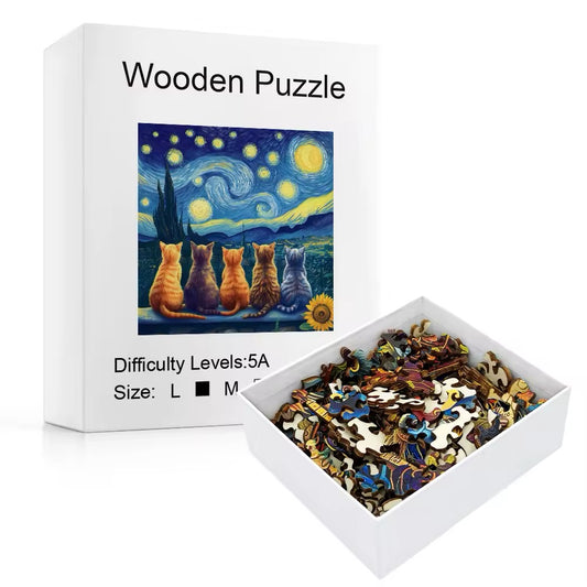 Starry Night Cat Theme Wooden Puzzle – Unique Jigsaw Gift