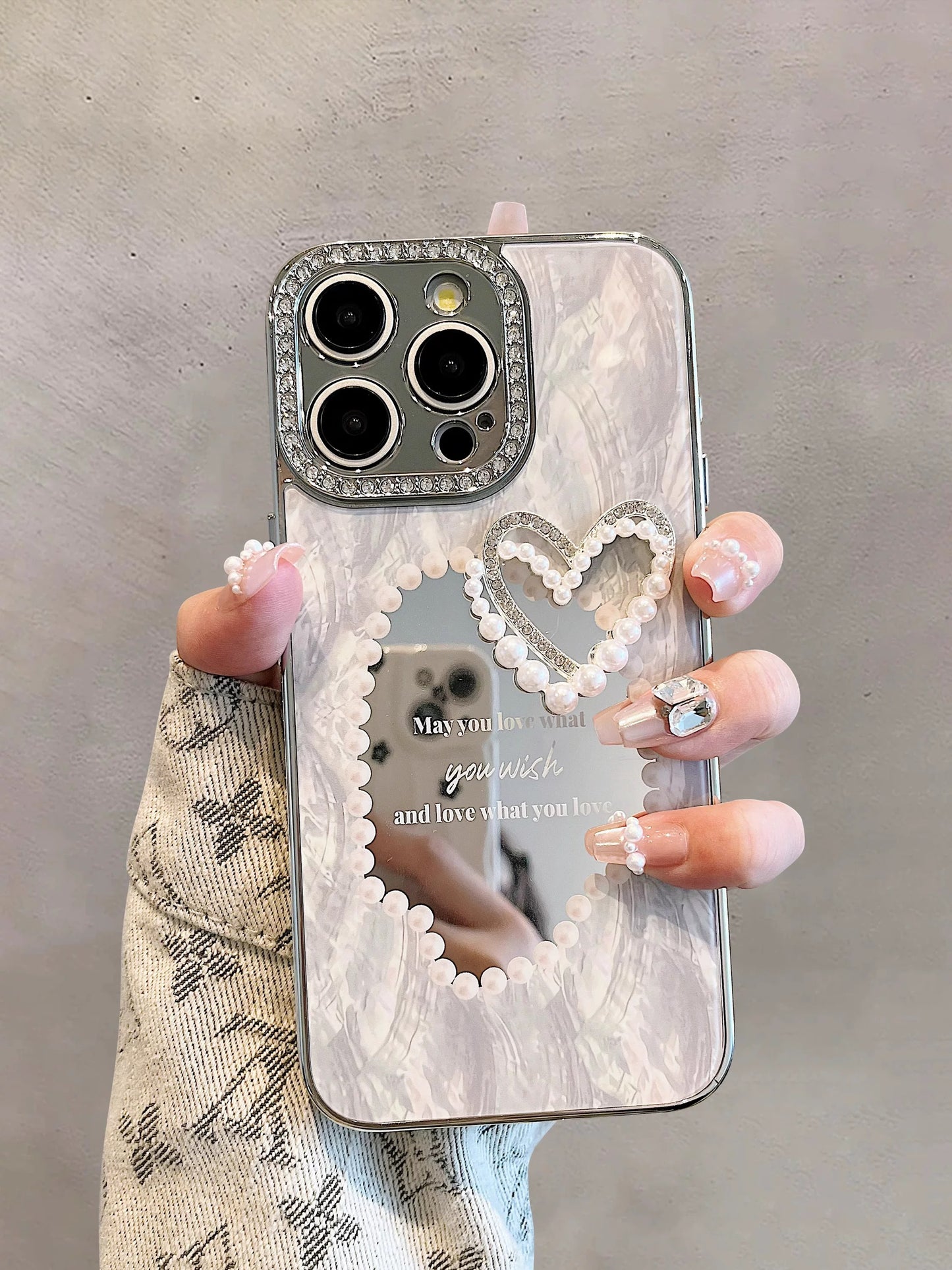 Luxury Rhinestone Makeup Pearl Mirror Phone Case