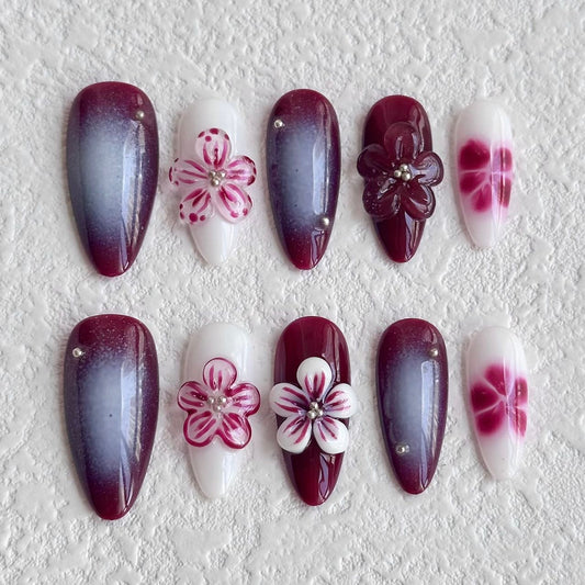 Ongles à coller bordeaux Vintage Blooms