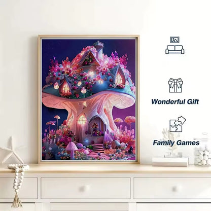 Mystical Mushroom Cottage Wooden Puzzle - Floral Fantasy Night, Perfect Gift