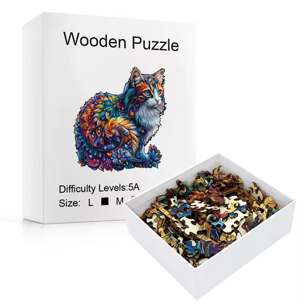 Wooden Cat Puzzle – Unique Animal Jigsaw, Challenging Gift for Puzzle Lovers