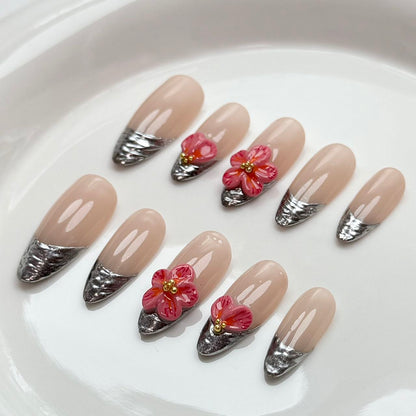 Silver & Pink Floral Press-on Nails