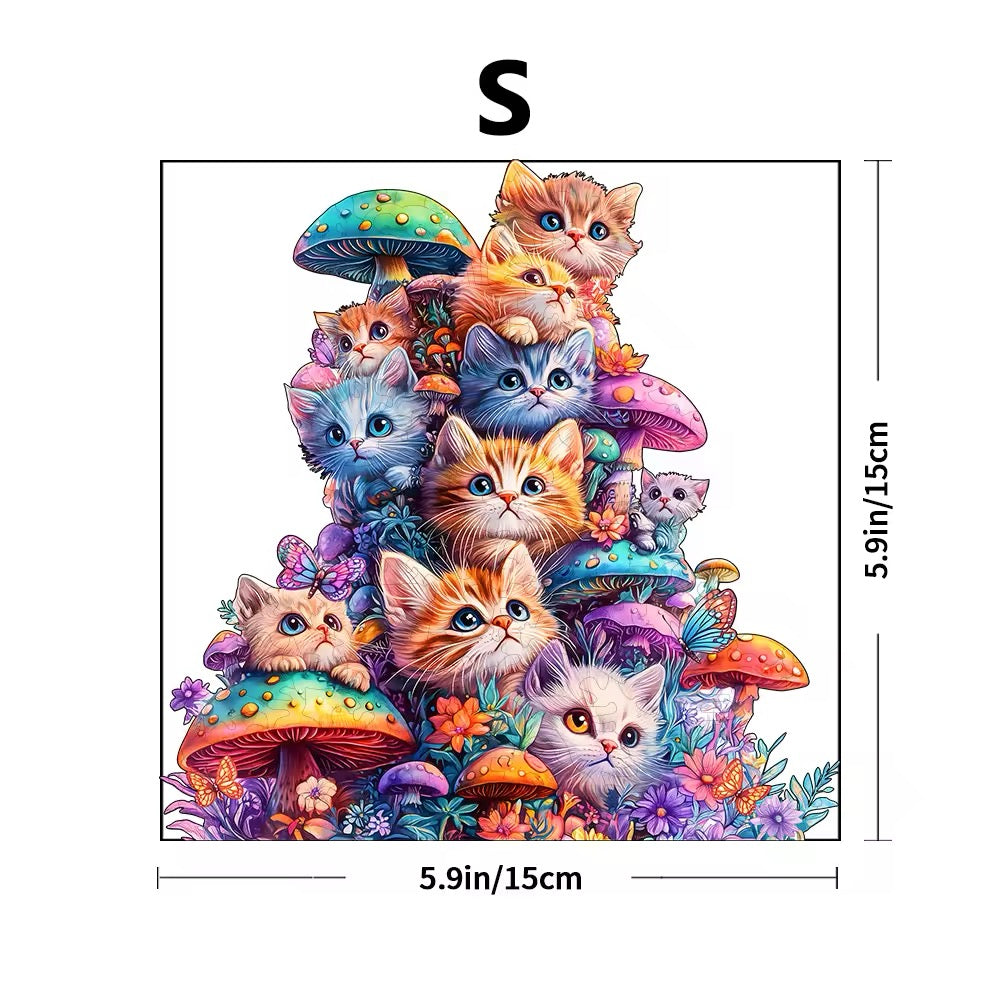 Whimsical wooden cat puzzle with colorful cat and mushroom designs, made from high-quality wood. Available in three sizes.