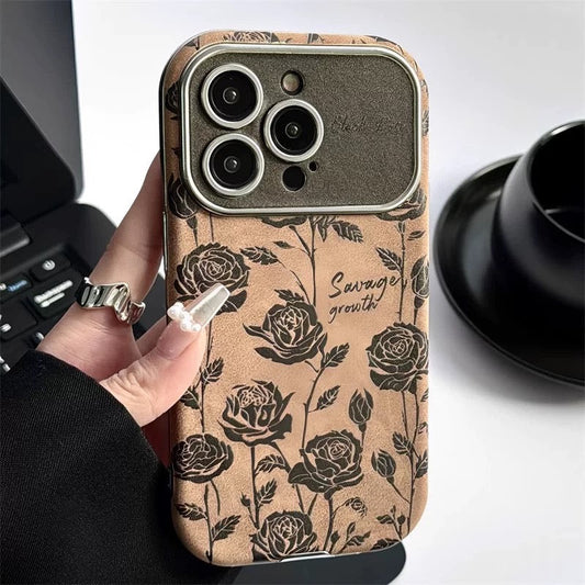 Étui de téléphone en cuir noir avec motif de roses