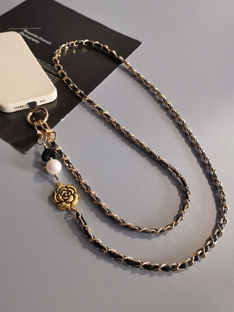 Luxurious Pearl Camellia Leather Crossbody Phone Lanyard