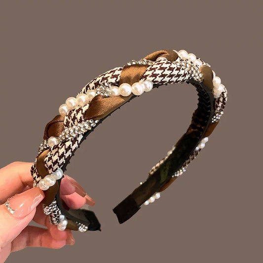 Luxury Houndstooth Twist Crystal Pearl Headband - Elegant Fashion Accessory