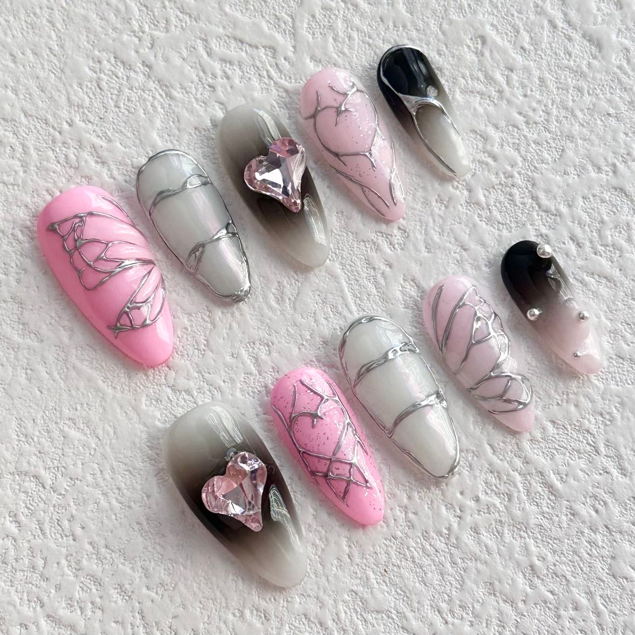 Pink and Black Ombre Press-on Nails with Heart Rhinestones