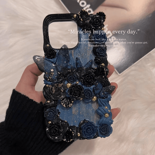 Handmade Luxury Cream Glue Sea Blue Butterfly Rose Phone Case