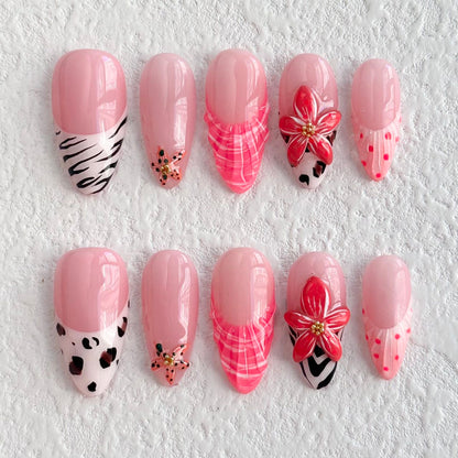 Uñas postizas con estampado de leopardo y flores