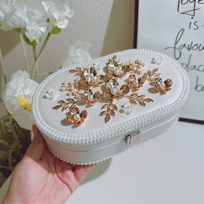 Elegant Floral Jewelry Box - Luxurious Oval Storage with Pearl Trim & Compartments