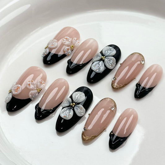 Black & Nude 3D Floral Press-On Nail Set - Elegant and Chic Design