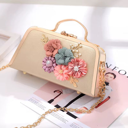 Luxurious Floral Handheld Clutch - Elegant Women’s Evening Bag with Gold Accents and Adjustable Shoulder Chain