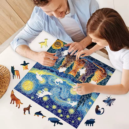 Starry Night Cat Theme Wooden Puzzle – Unique Jigsaw Gift