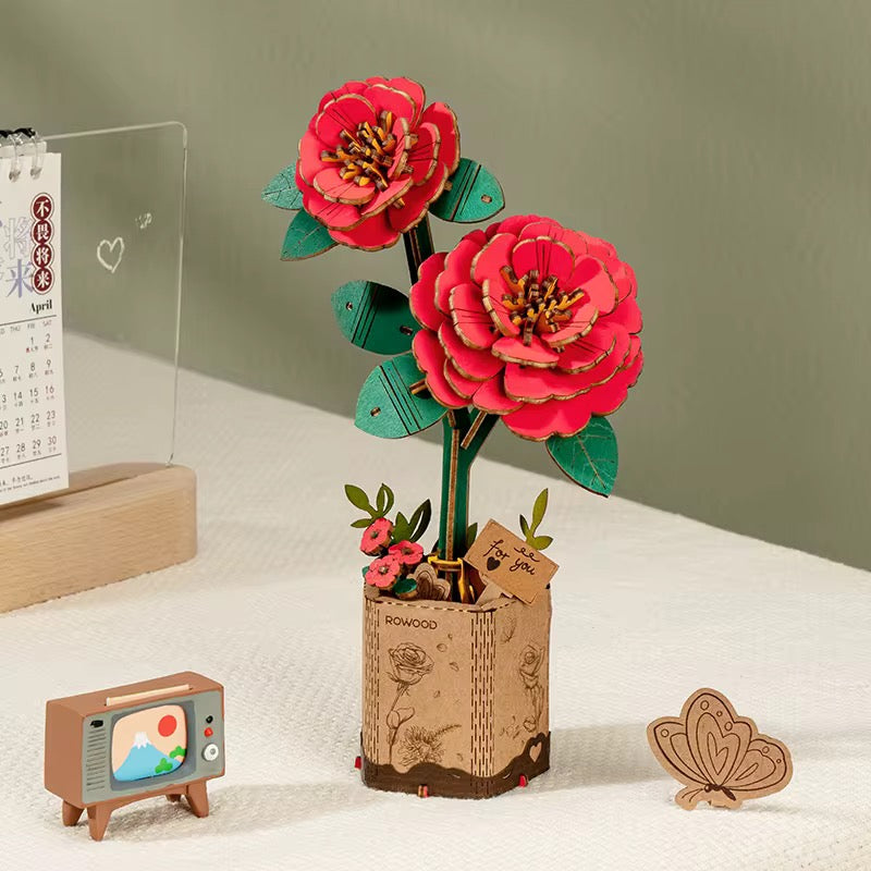 3D Wooden Red Camellia Puzzle – DIY Home Decor Gift