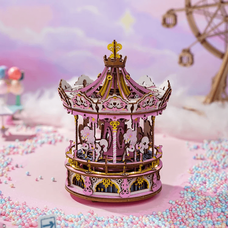 Romantic Carousel Mechanical Music Box 3D Wooden Puzzle - Handcrafted Home Decor