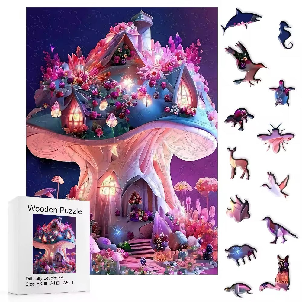 Mystical Mushroom Cottage Wooden Puzzle - Floral Fantasy Night, Perfect Gift