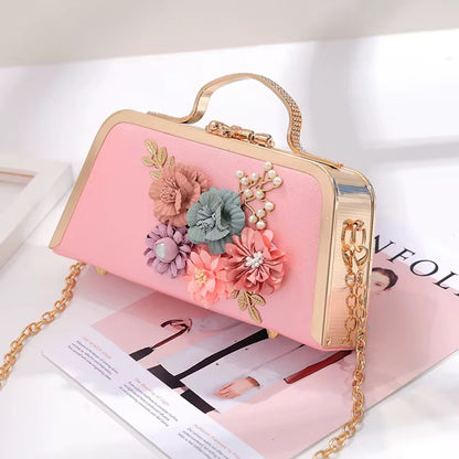 Luxurious Floral Handheld Clutch - Elegant Women’s Evening Bag with Gold Accents and Adjustable Shoulder Chain