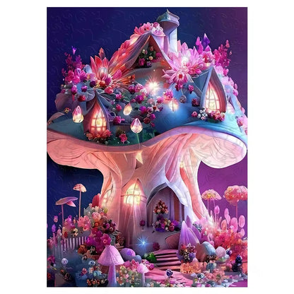 Mystical Mushroom Cottage Wooden Puzzle - Floral Fantasy Night, Perfect Gift