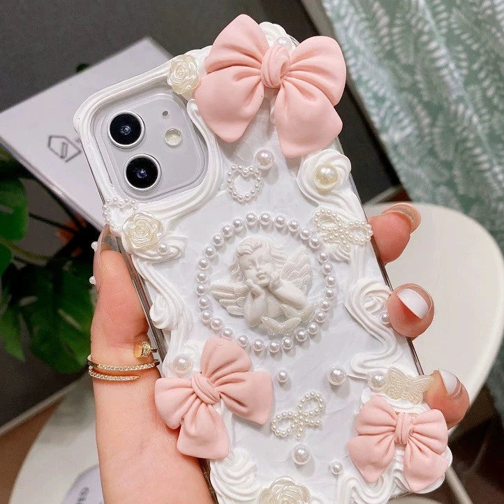 Handmade Pink Baroque Angel Phone Case with Pearl and Bow Accents