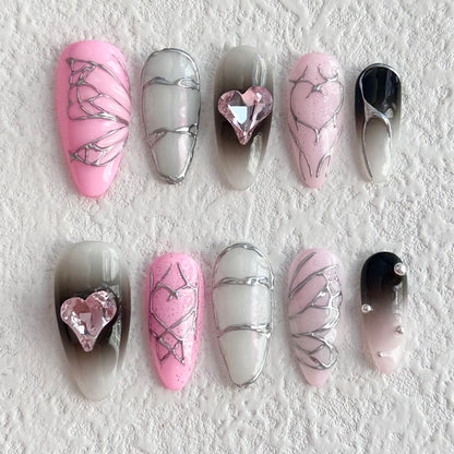 Pink and Black Ombre Press-on Nails with Heart Rhinestones