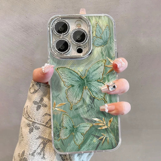 Elegante funda para teléfono a prueba de golpes con diseño de mariposa de bambú y tinta de seda con plumas