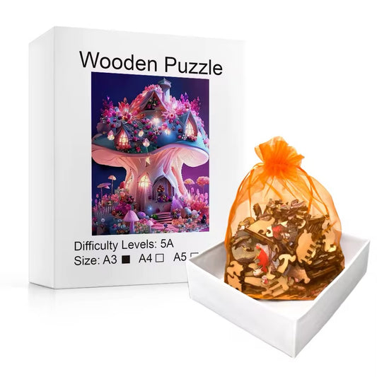 Mystical Mushroom Cottage Wooden Puzzle - Floral Fantasy Night, Perfect Gift