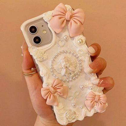 Handmade Pink Baroque Angel Phone Case with Pearl and Bow Accents