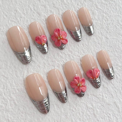 Silver & Pink Floral Press-on Nails