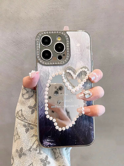 Luxury Rhinestone Makeup Pearl Mirror Phone Case