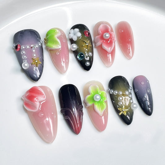 Ongles à coller fantaisie perle fleur océan