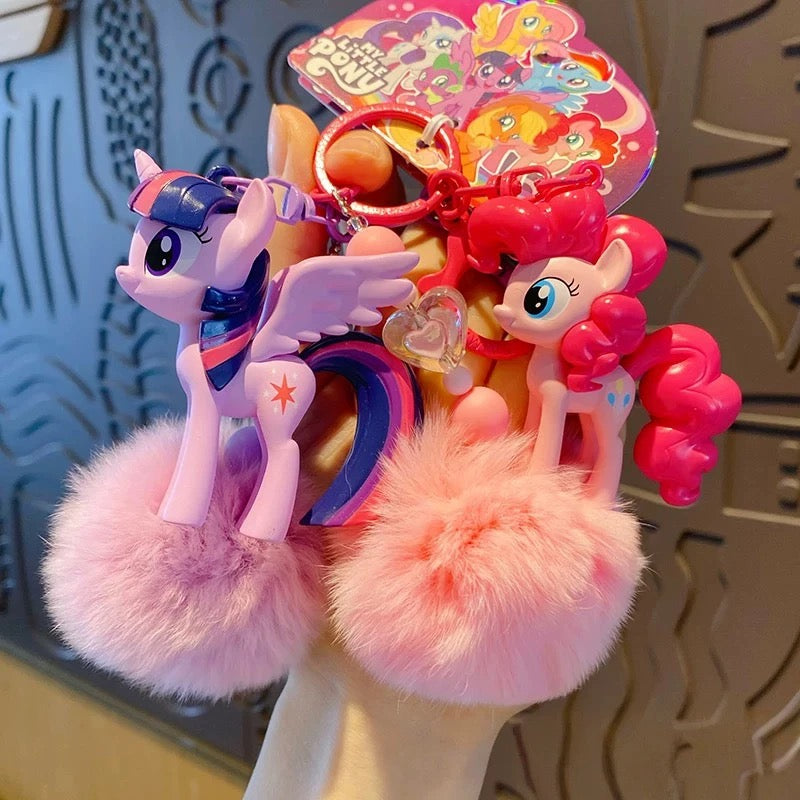 Porte-clés mignon My Little Pony avec pompon en fourrure