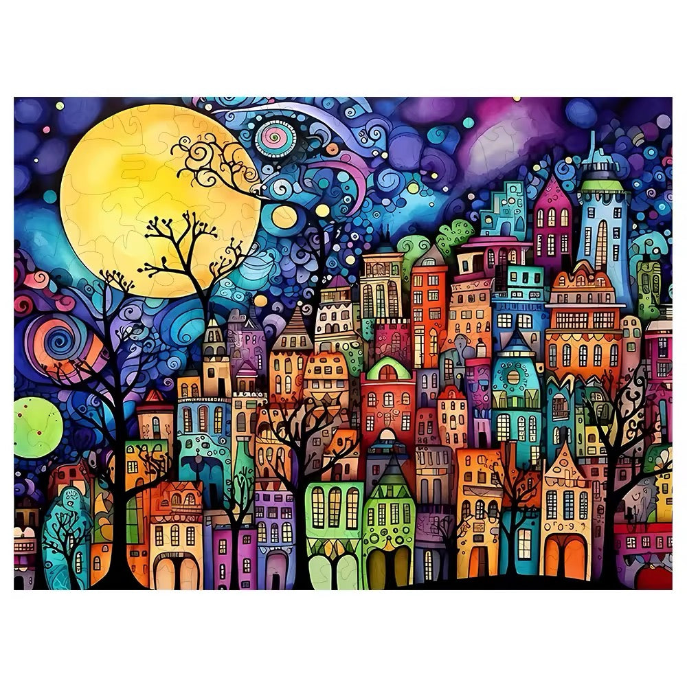 Colorful City Night Wooden Puzzle – Challenging Jigsaw Puzzle for Puzzle Lovers